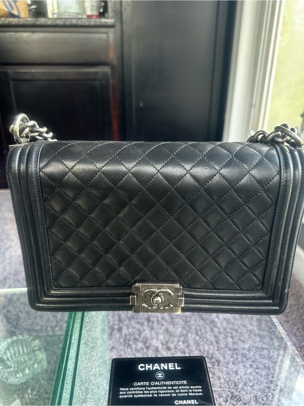 CHANEL Black Quilted Lambskin Shoulder Bag with Silver Hardware